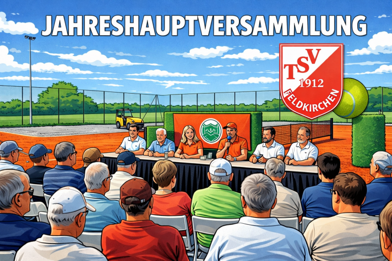 „Comic-Illustration einer Jahreshauptversammlung des Tennisvereins TSV Feldkirchen 1912 auf einer Tennisanlage. Mitglieder sitzen vor einem Vorstandstisch neben einem Sandplatz, darüber steht ‚Jahreshauptversammlung‘ und das Vereinslogo ist im Bild.“