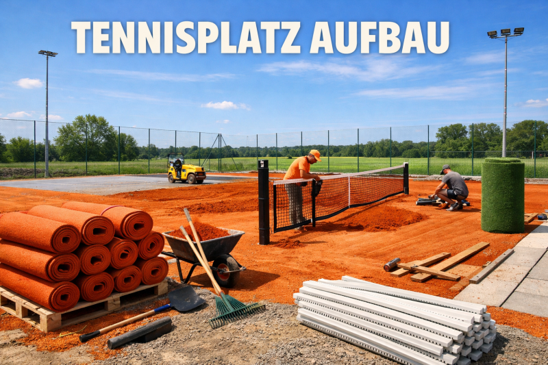 Bau eines Tennisplatzes mit Sandbelag, Werkzeugen und Arbeitern beim Aufbau der Tennisanlage.